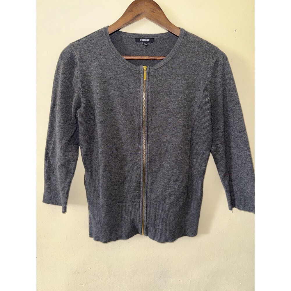 PREMISE Gray Full Zip Cardigan Sweater Knit Top Gold Hardware Size Medium M